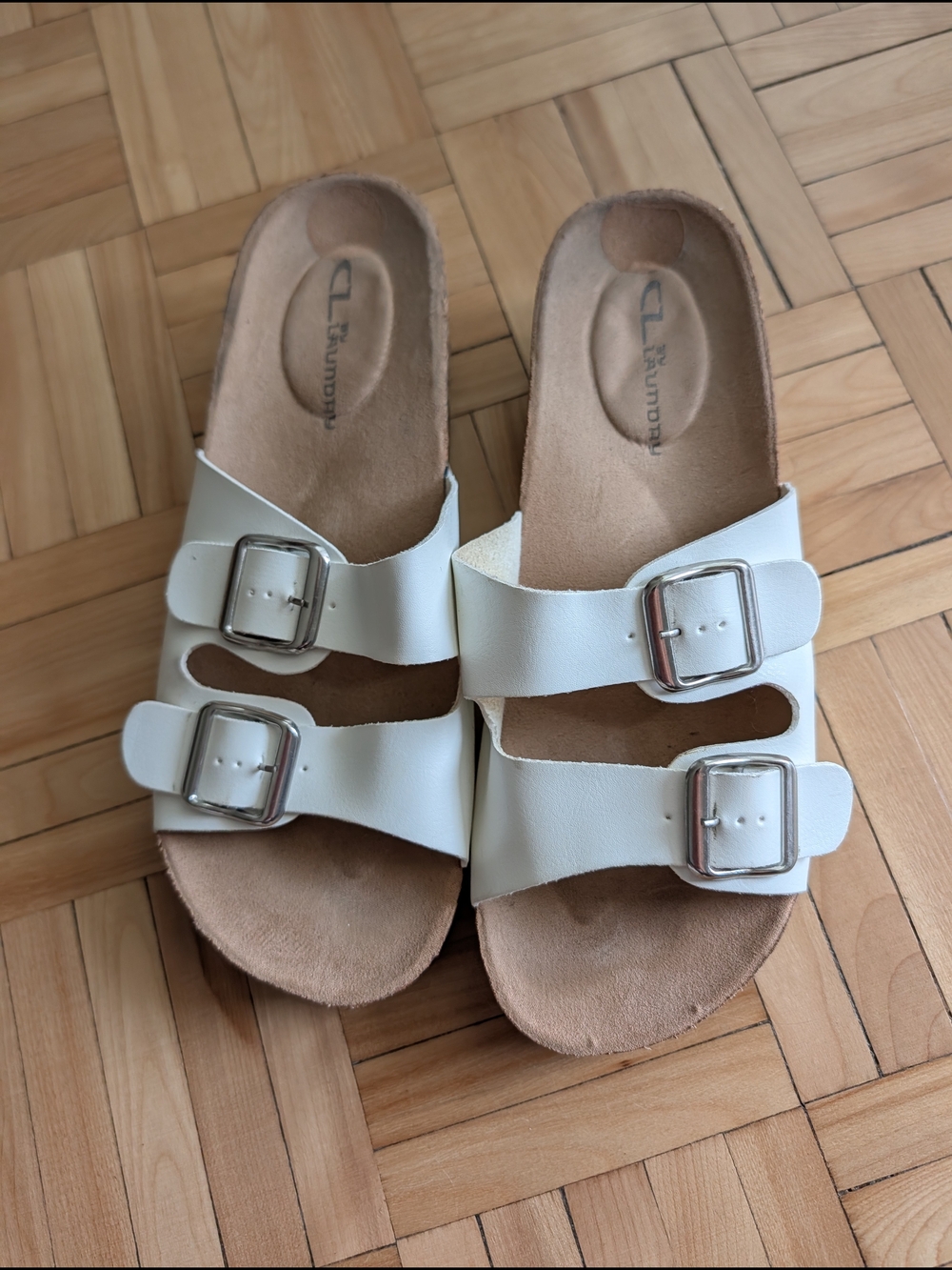 CL by Laundry White Double Buckle Slide Sandals